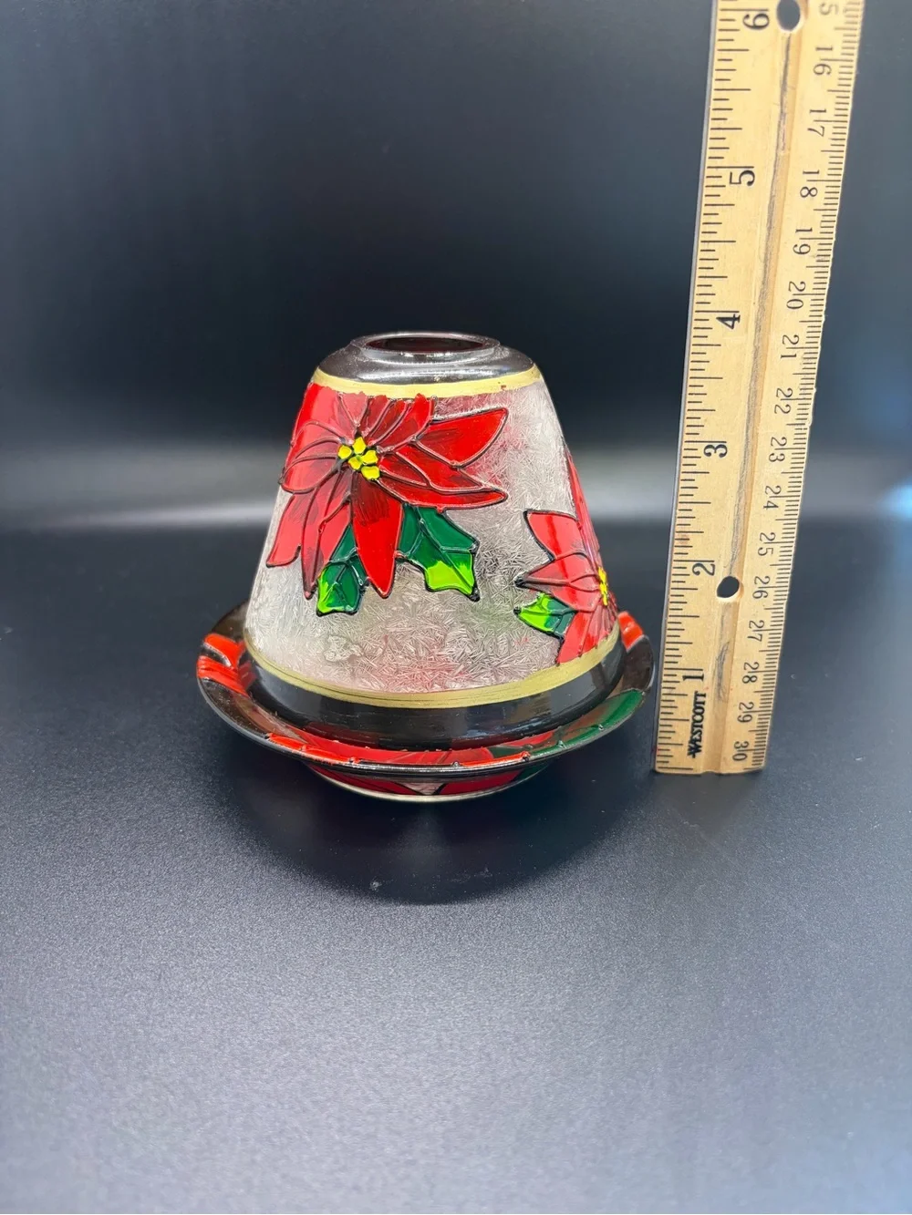 Vintage Yankee Candle Poinsettia Crackle Glass Jar Shade with Matching Plate